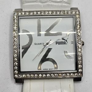 White Puma quartz watch for women ladies large square leather diamond accents